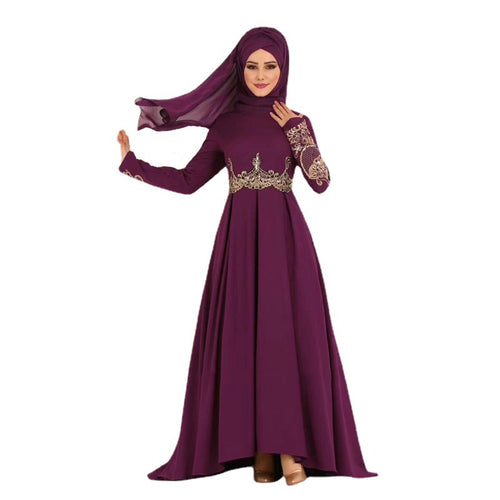 Elegant Muslim Floral Embroidered Maxi Dress – Modest High Waist Ethnic Evening Gown